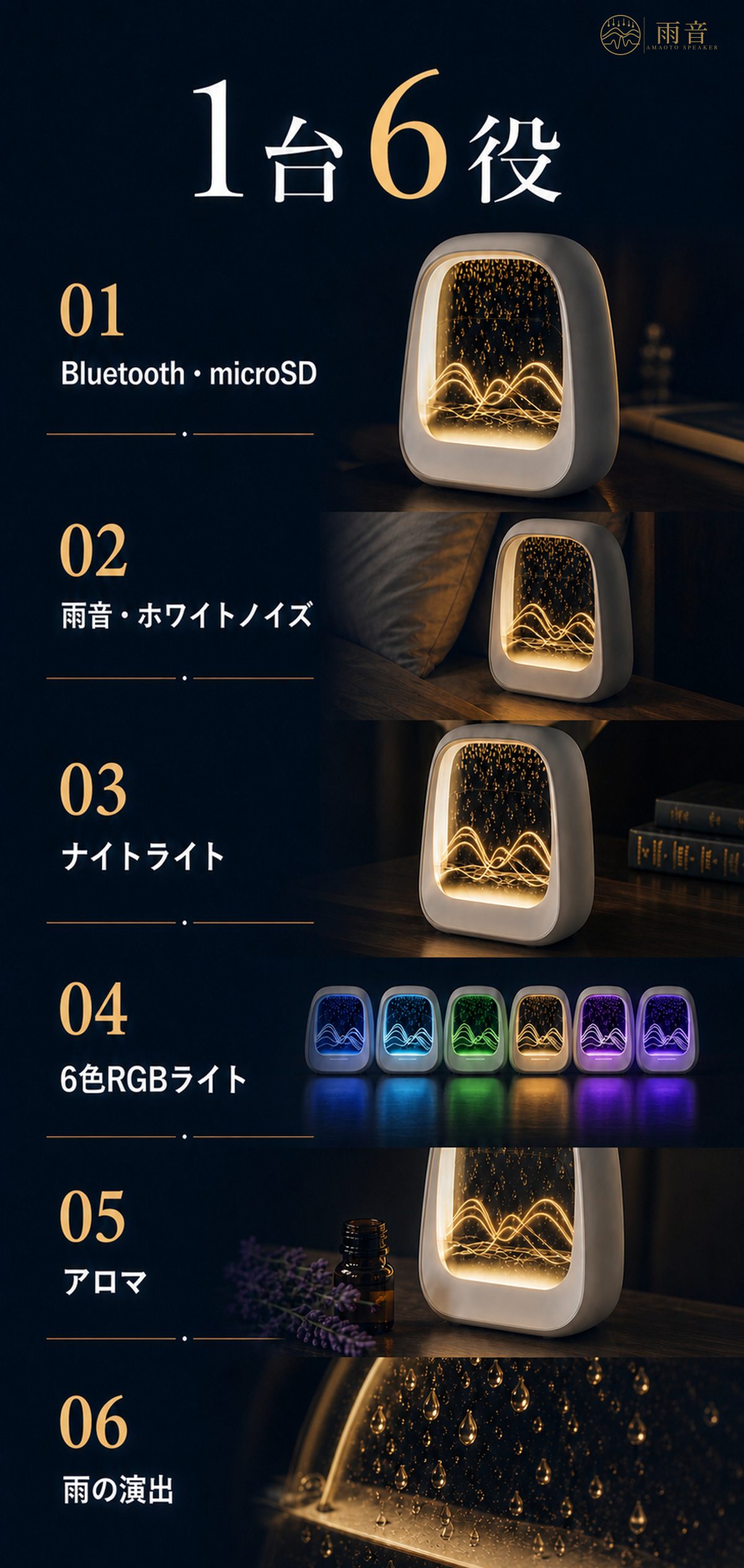 1台6役｜01 Bluetooth・microSD／02 雨音・ホワイトノイズ／03 ナイトライト／04 6色RGBライト／05 アロマ／06 雨の演出
